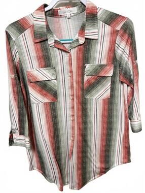 Eden & Olivia Striped Roll Tab Sleeve Button Front Shirt Small Coral Green